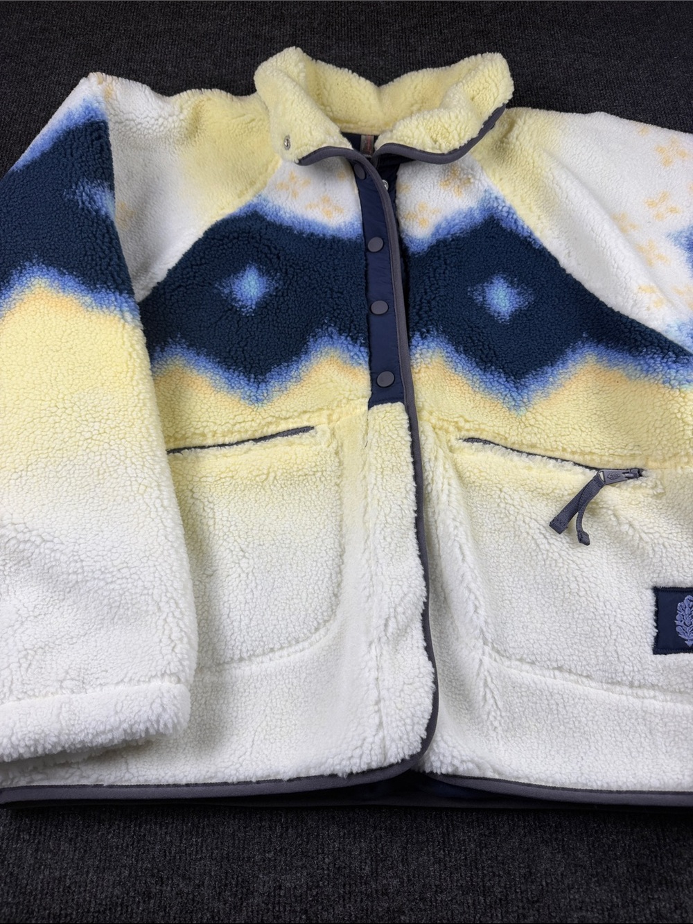 Free People Fleece Puffer Jacket in Cream, Yellow & Blue - Cozy Zip Front